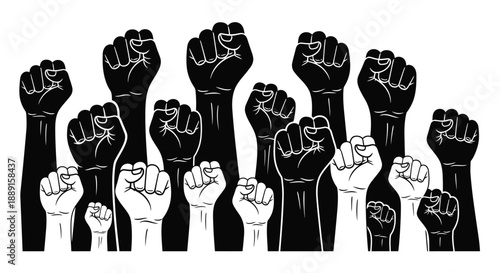 Raised fists in solidarity a black and white illustration of protest