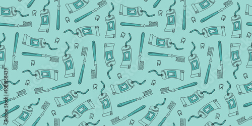 Teeth, toothpaste, and toothbrush. Seamless pattern. Drawings, doodles. Dental care. Dentistry, hygiene, and dental health products. Vector background.