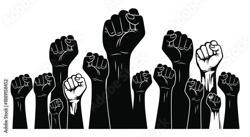 Raised fists symbolizing solidarity protest and empowerment in a black and white illustration