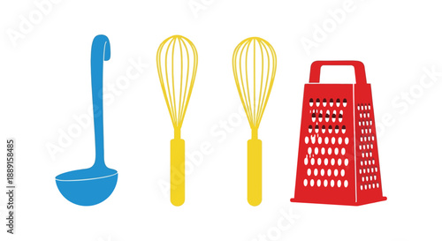 Colorful kitchen utensils including a ladle whisks and a red grater