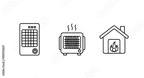 Icons related to heating and home comfort: a heater, a radiator with flame, and a modern heater, representing warmth and energy use.
