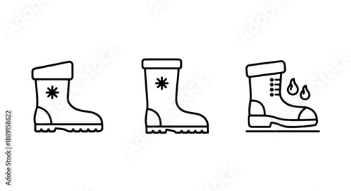 Set of boot icons: lined boots, laced boots, and a waterproof shoe with water drops, indicating winter wear and protection from elements.