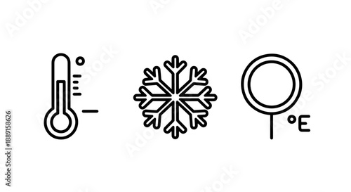 Icons illustrating cold weather conditions: thermometer showing low temperature, a snowflake symbol, and a magnifying glass over the temperature.