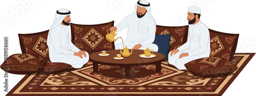 Flat vector illustration of Arab men in traditional white thobes sitting on floor cushions drinking coffee and tea in a cultural majlis setting.