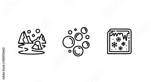 Winter Water Icons: Icy Rocks, Bubbles, and Frosty Window pane, depicting cold water phenomena and winter scenes.