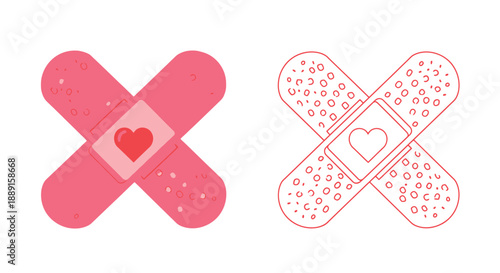 Two adhesive bandages one colored and one outlined both with heart shapes