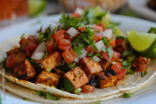 Delicious tofu tacos topped with fresh tomato salsa and cilantro, served on a ceramic plate with lime wedges.
