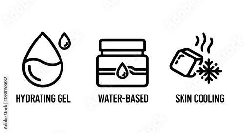 Skincare Icons: Hydrating Gel Drop, Water-Based Cream Jar, and Cooling Ice Cube with Snowflake for refreshing skin.