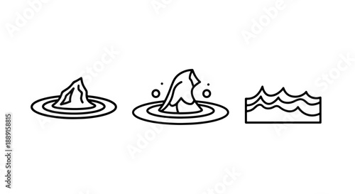 Water and Ice Icons: Melting Iceberg, Floating Iceberg, and Wavy Water Surface