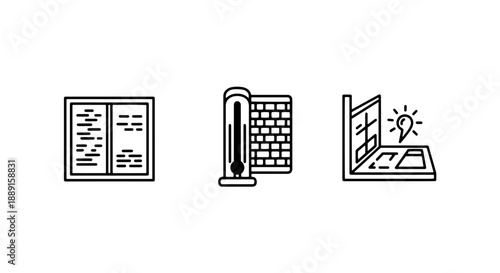 Smart Home and Energy Icons: Smart Window, Thermometer with Wall, and Smart Lightbulb
