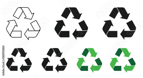 Recycling symbols in varying colors and styles black white and green
