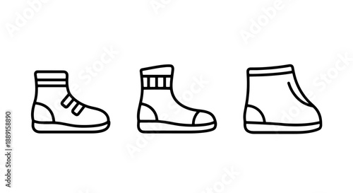 Footwear icons: three styles of ankle boots and sneakers shown in line art, representing different shoe types