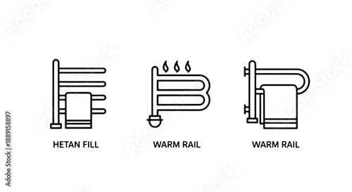 Bathroom heating icons: heated towel rail, modern chrome radiator, and a radiator element, in line art