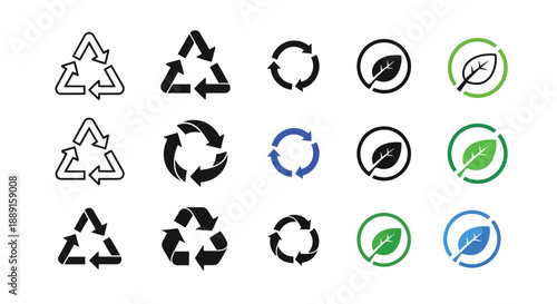 Recycling and eco friendly icons arrows leaves and circular symbols
