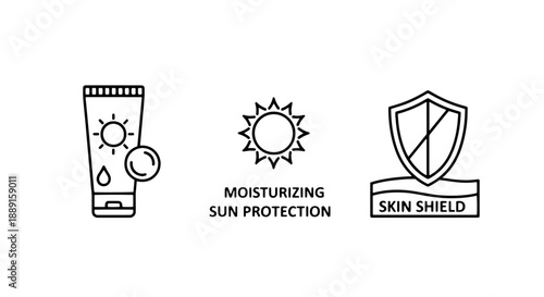 Sun Protection Icons: Moisturizing Cream Tube, Sun Symbol, and Shield Line Art