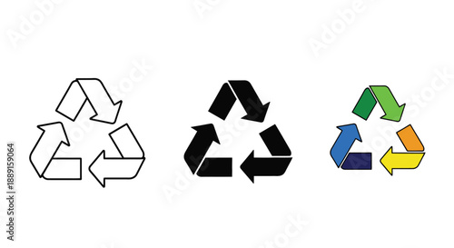 Three variations of the universal recycling symbol in different colors