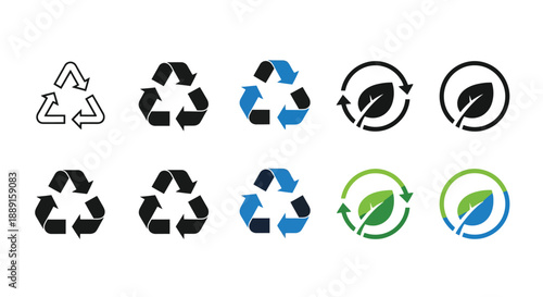 Variety of recycling symbols and eco friendly icons in different styles
