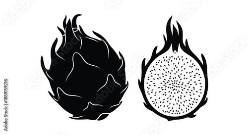 Black and white illustration of a whole and halved dragon fruit