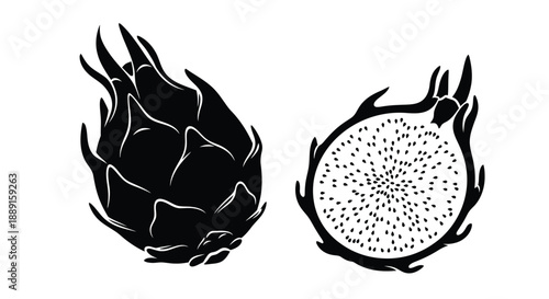 Black and white illustration of a whole and sliced dragon fruit