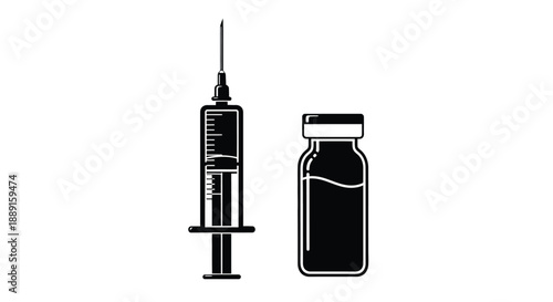 A black and white illustration depicting a syringe and a vial
