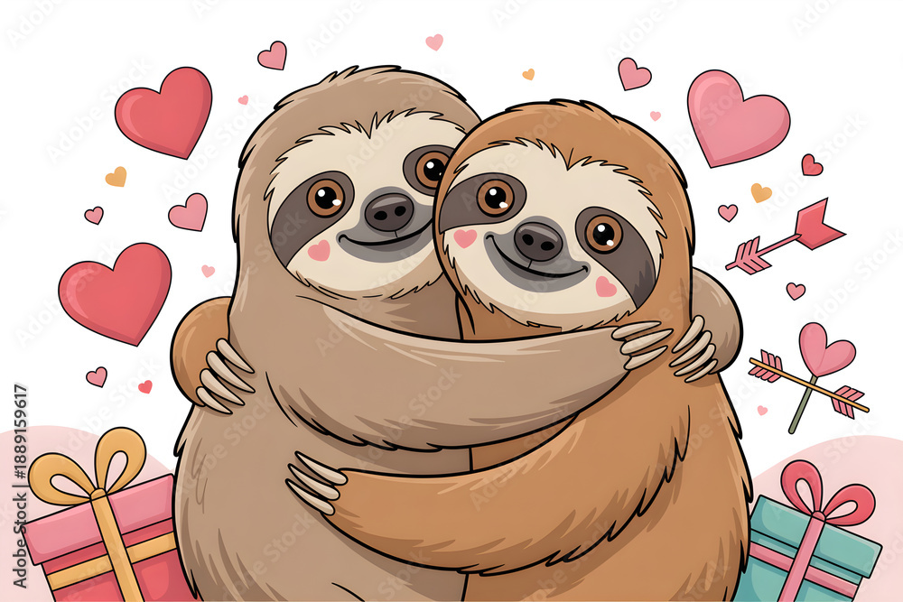 Obraz premium Cute sloth couple hugging celebrating love and romance