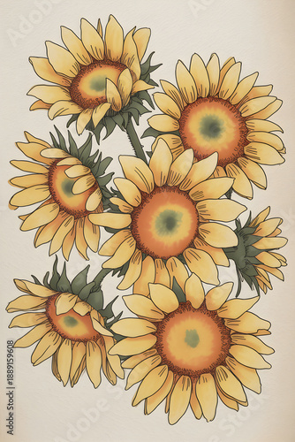 Sunflowers illustration with retro aesthetic vector art