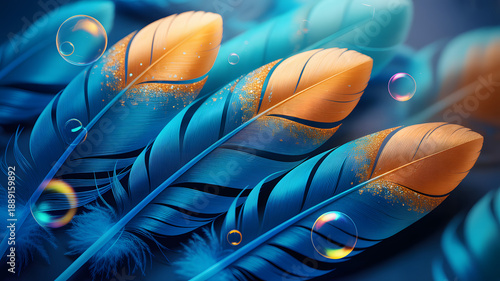 A close-up view of vibrant blue and orange feathers with water droplets
