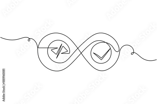 DevOps CI CD workflow process infinity loop with approval check mark and code bracket icon continuous one line drawing minimalist software delivery pipeline tick symbol outline vector illustration