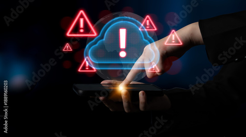 Red alert triangles over a blue cloud icon, symbolizing cloud security threats, system warnings, and data protection risks in digital environments Parse