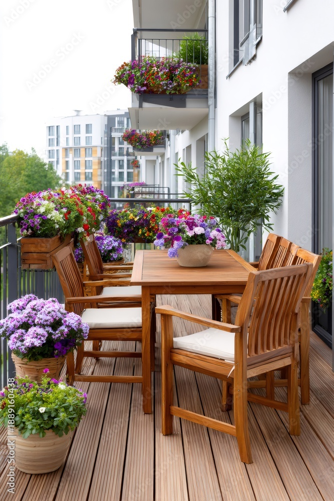 Obraz premium Balcony decorated with colorful flowers and wooden furniture