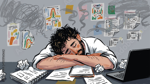 Exhausted man with messy hair and beard sleeping on a cluttered desk surrounded by overwhelming work documents and charts, depicting burnout.