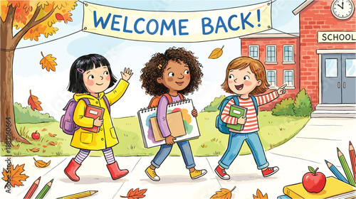 Three diverse young girls with backpacks walk happily towards a school building under a 'WELCOME BACK!' banner, surrounded by autumn leaves and school supplies.