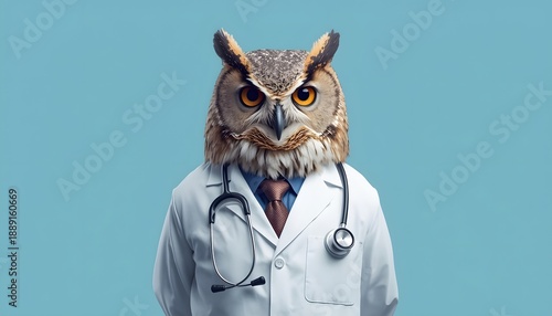 Wise owl dressed as a professional doctor wearing a white medical lab coat and stethoscope on blue background
