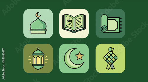 Six flat design icons representing Islamic culture and Eid al-Fitr celebrations, including a mosque, Quran, prayer mat, lantern, crescent moon, and ketupat.