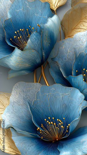 A close-up view of blue flowers with gold accents on a white background