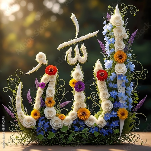 Beautiful floral arrangement spelling 'Allah' in Arabic script, evoking peace and divinity in nature