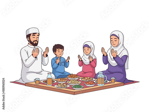 Family praying together during Ramadan or Eid celebration.