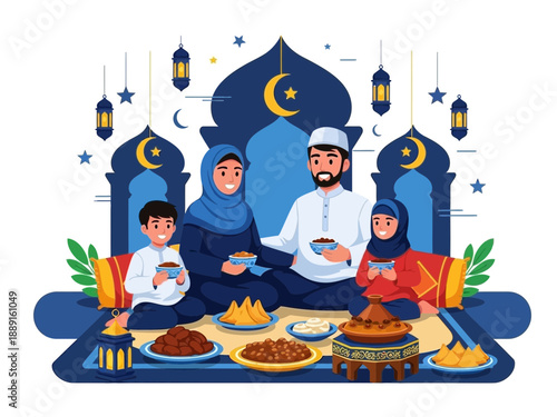 Muslim family celebrating Ramadan together with traditional food and decorations.