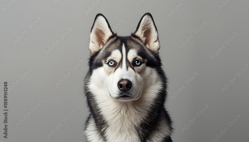 Obraz premium Portrait of a majestic Siberian Husky dog with blue eyes looking at camera, isolated on grey background