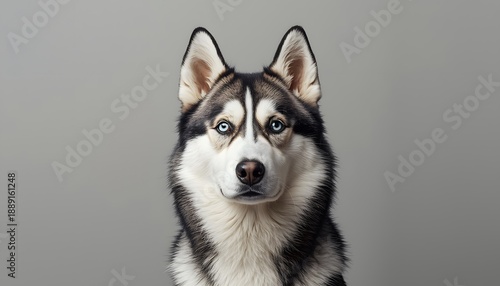Portrait of a majestic Siberian Husky dog with blue eyes looking at camera, isolated on grey background