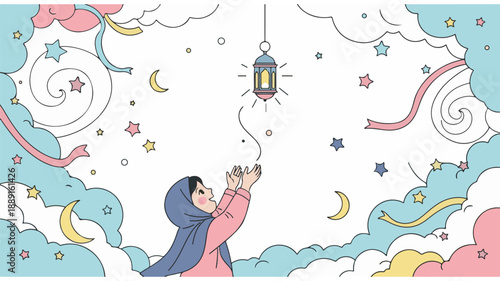 Woman in hijab releasing lantern into the sky with stars and clouds.