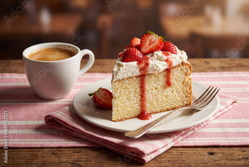 Angel food cake with whipped cream and strawberries