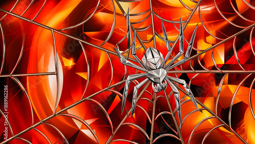 A large silver spider sits in the center of its intricate web against a vibrant red and orange background.