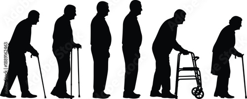 Black silhouettes of senior people walking with canes and walkers showing elderly mobility and aging process in a cad drawing flat vector illustration