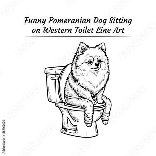 Funny Pomeranian dog sitting on toilet coloring page for kids, cute fluffy pet bathroom humor vector line art cartoon, printable clipart illustration