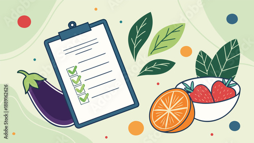 A colorful illustration depicting healthy food options and a checklist a flat silhouette high quality professional