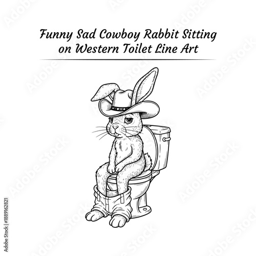 Funny Cowboy Rabbit Sitting On Toilet Coloring Page For Kids, Cute Bunny Vector Line Art Cartoon, Printable Bathroom Humor Animal Clipart Isolated
