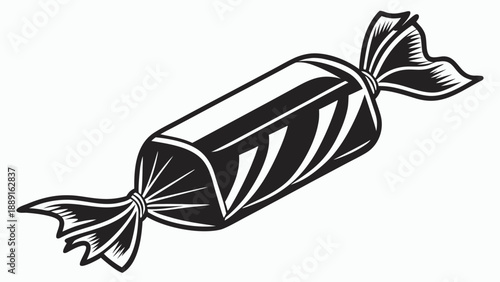 A black and white illustration of a wrapped candy showcasing a striking silhouette high quality professional