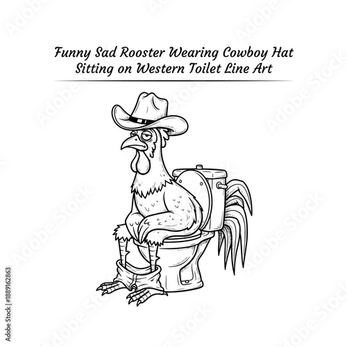 Funny Cowboy Rooster Sitting On Toilet Coloring Page For Kids, Farm Animal Vector Line Art Cartoon, Printable Bathroom Humor Clipart Isolated
