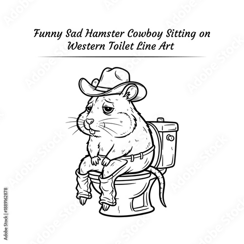 Funny Cowboy Hamster Sitting On Toilet Line Art Vector, Cute Western Bathroom Humor Animal Clipart For T-Shirt Designs 